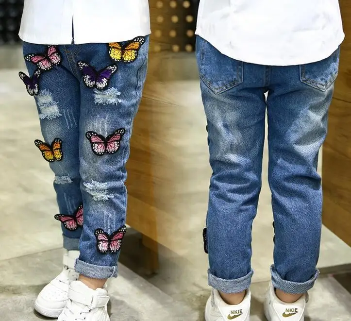 Новые джинсы для детей, джинсы для девочек, джинсовые штаны для маленьких девочек, детские джинсы с 3D бабочкой, джинсы для девочек, детские штаны, узкие эластичные брюки