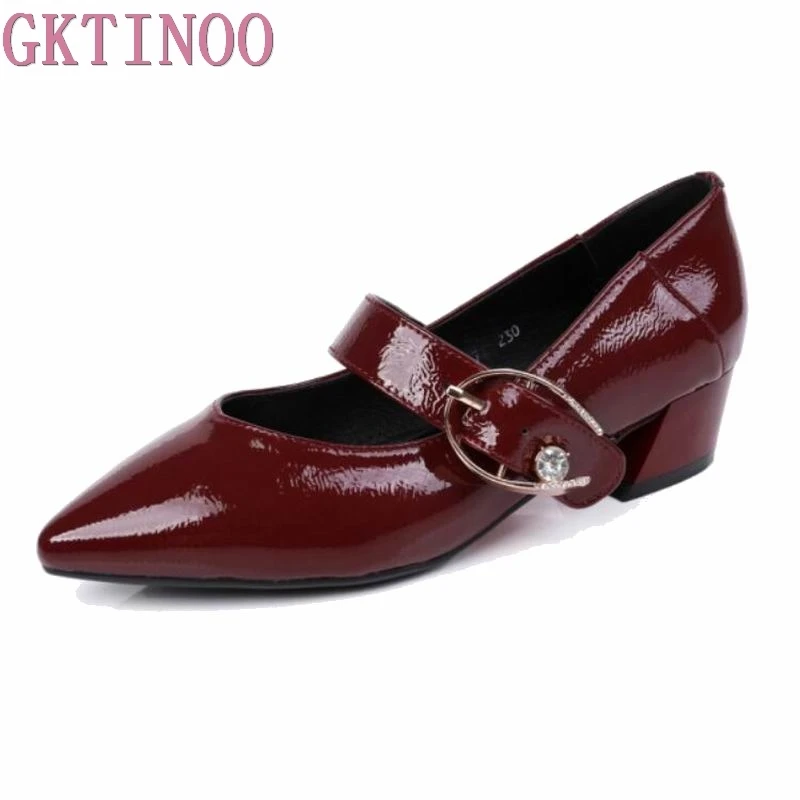 

GKTINOO Pointed Toe Genuine Leather Shoes 2018 Women Mary Jane Shoes Pumps Shallow High Heels Buckle Strap Party Shoes