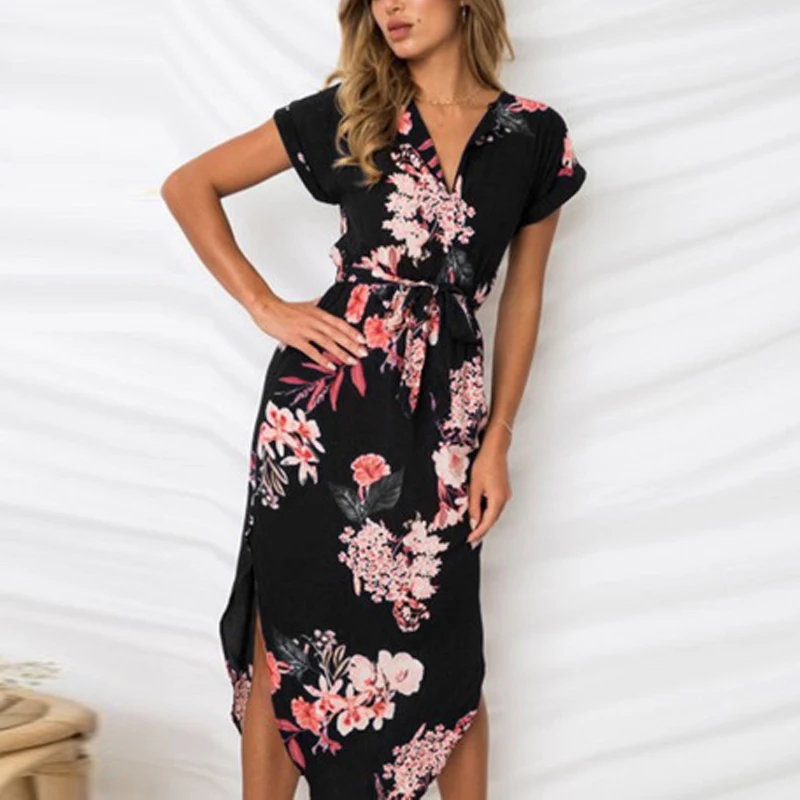 

2019 new fashion sexy V-neck square floral print long dress