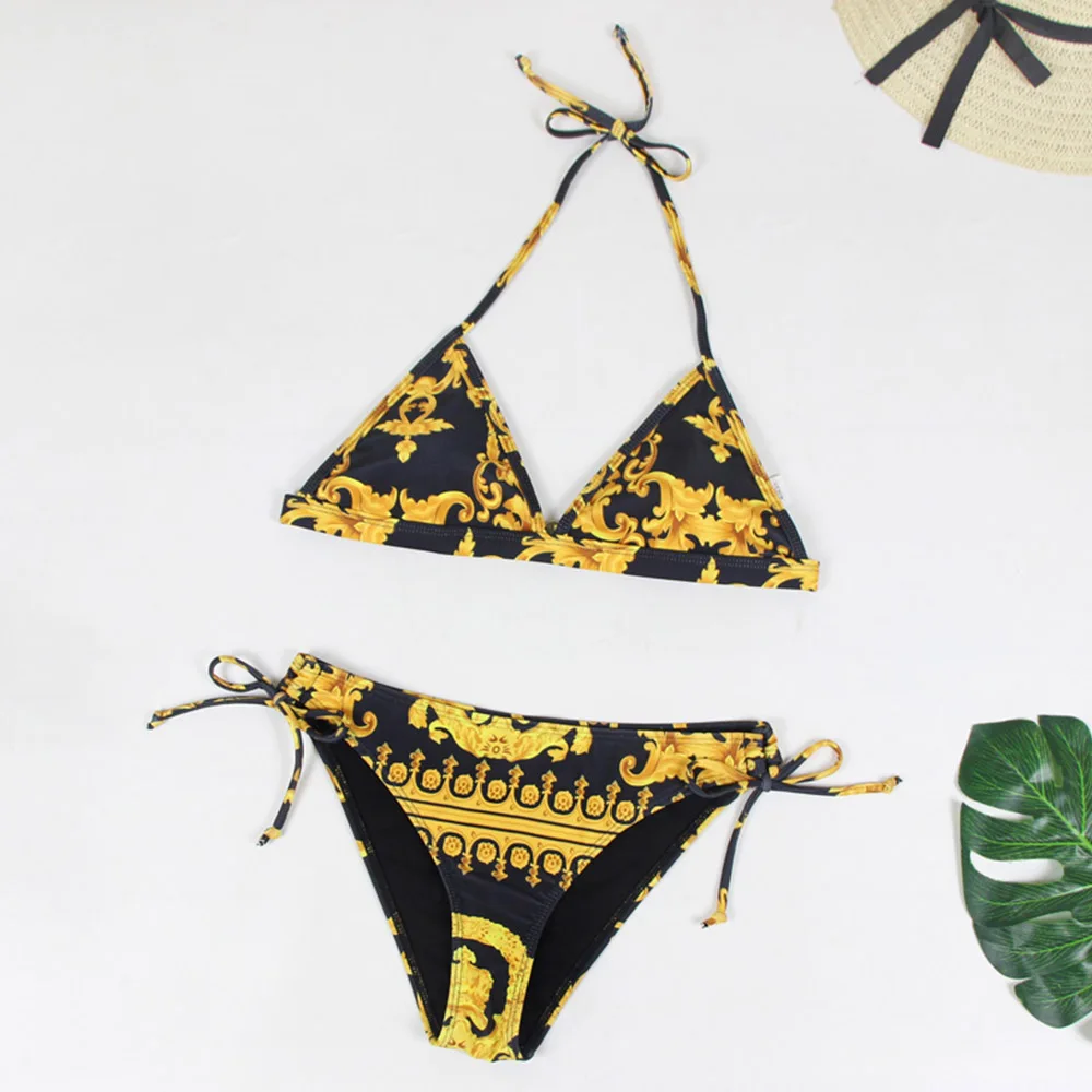 

2019 New Floral Print Bikini Set Swimsuit Women Swimwear Beachwear Bathing Suit Split Printed Triangle Bag Bikini Dropshiping