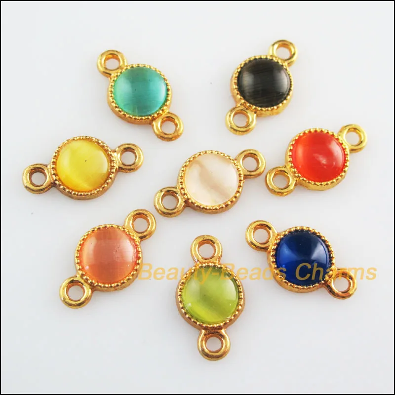 

8 New Charms Round Mixed Cat Eye Stone Flatback Connectors Gold Color 10x18.5mm