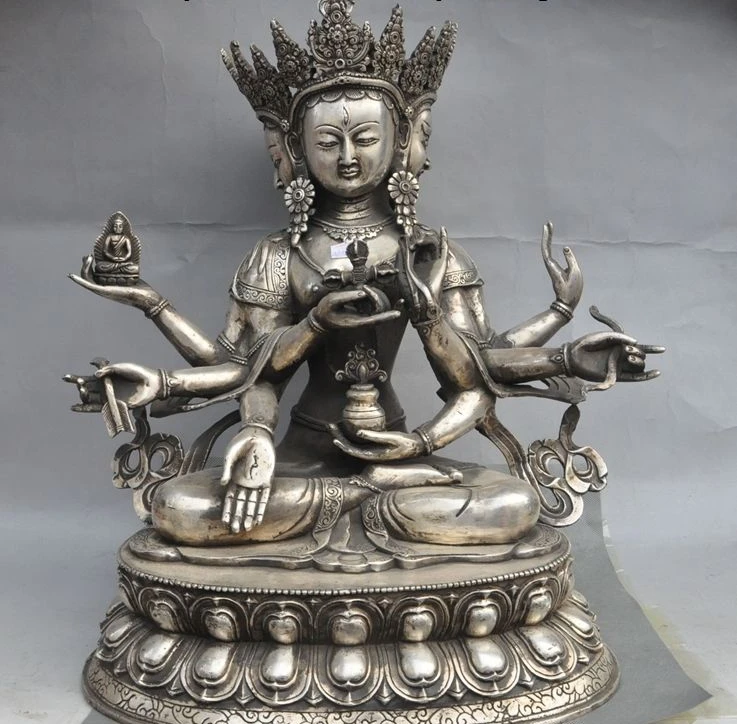 

Old Tibet buddhism Silver 3 Head 8 Arms Namgyalma & Ushnishavijaya Buddha Statue