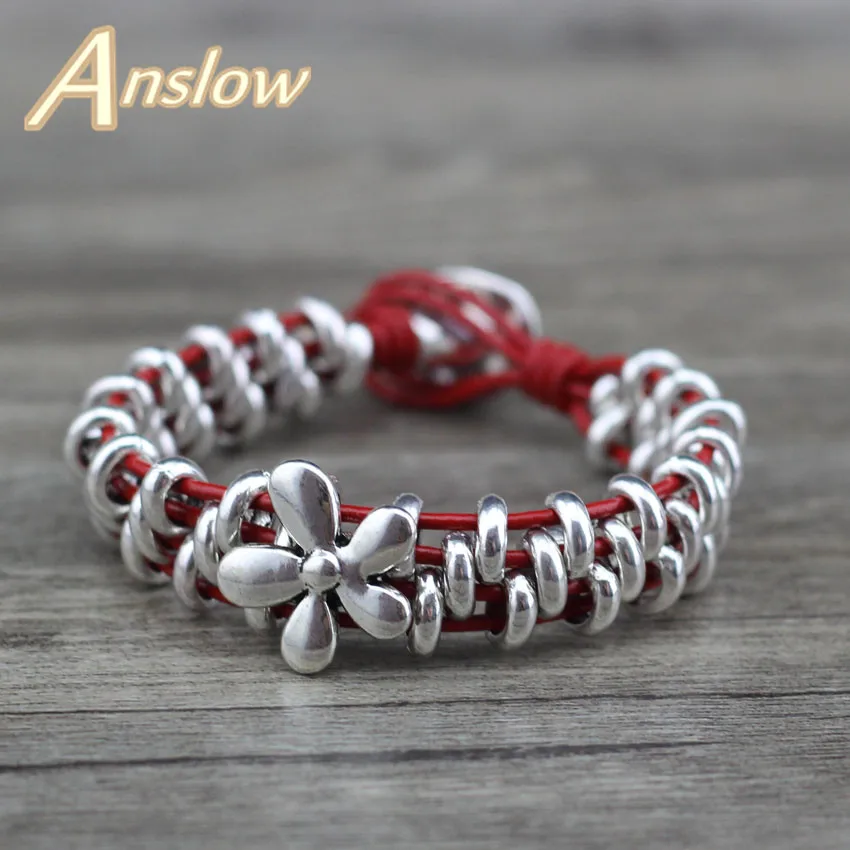 

Anslow Brand New Design 2018 New Handmade Diy Lucky Flower Zinc Alloy Beads Women Leather Bracelet Mother's Day Gift LOW0629LB