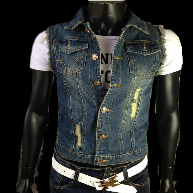 

New 2019 Fashion Mens Denim Vest Vintage Sleeveless washed waistcoat Man Cowboy ripped Jacket Plus Size S-6XL
