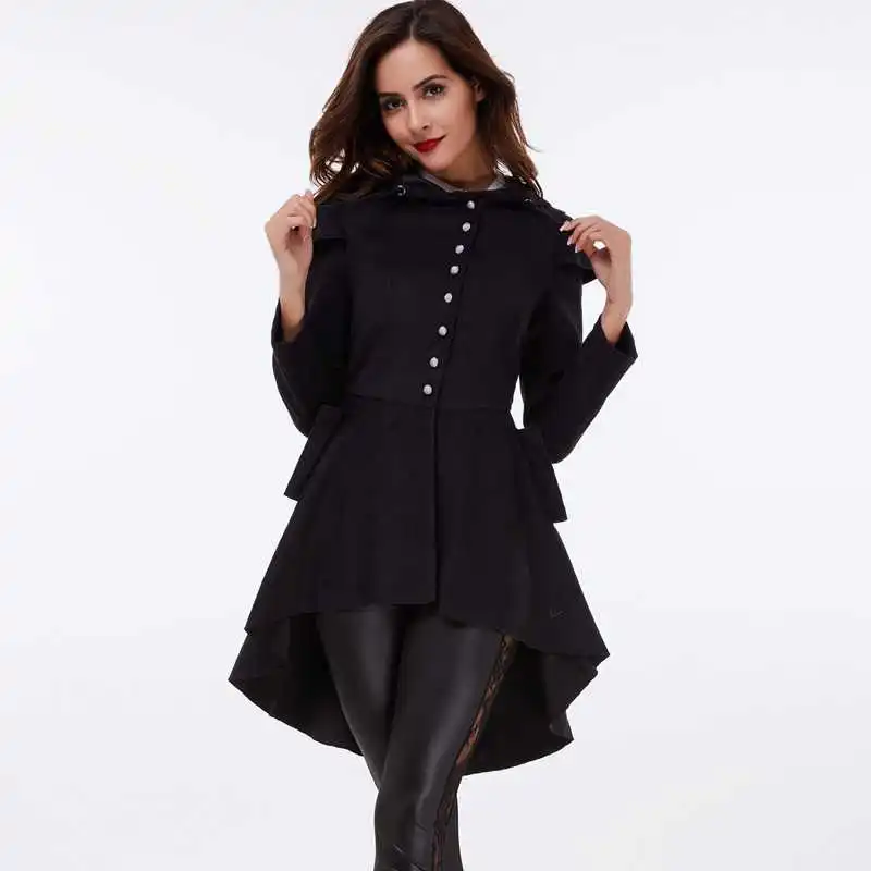 

Nice Nice Women Spring/Autumn Outwear Black Overcoat Corset Hooded Long Sleeve Back bandageJacket Thick Turtleneck Overcoat