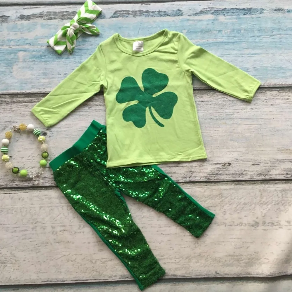 

baby girls St Patrick outfits girls Shamrock top green sequins pants boutique sets long sleeve clothes with the accessories
