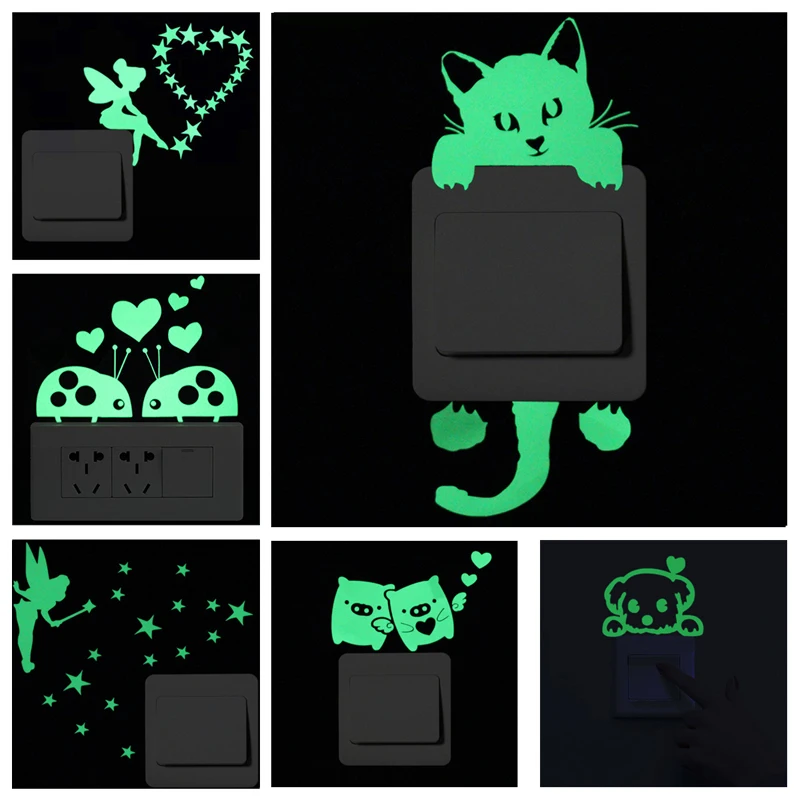 

New Luminous Cartoon Switch Sticker Glow in the Dark Fluorescent Fairy Star Cat wall Sticker for Kids Room Decoration Home Decor