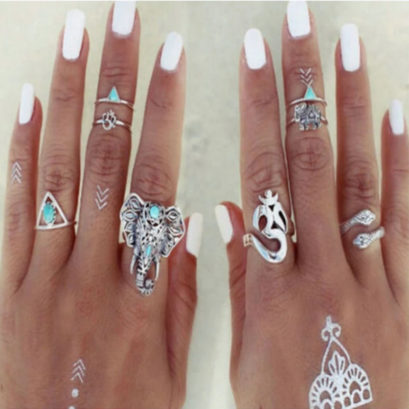

8PCS/Set Fashion Vintage Bohemian Turkish Midi Ring Set Stacking Punk Ring Elephant Snake Knuckle Rings Women Anel Charm Anelli