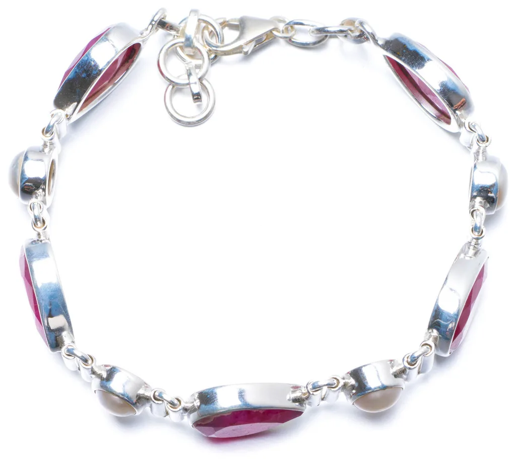 

Natural Cherry Ruby and River Pearl Handmade Unique 925 Sterling Silver Bracelet 7 1/4-7 3/4" Y0099
