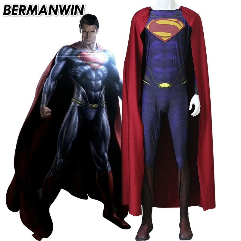 Bermanwin Высокое качество 3D логотип Супермен костюм с мышцы Тенты 3D принт человек Сталь Супермен Косплэй костюм для Хэллоуина