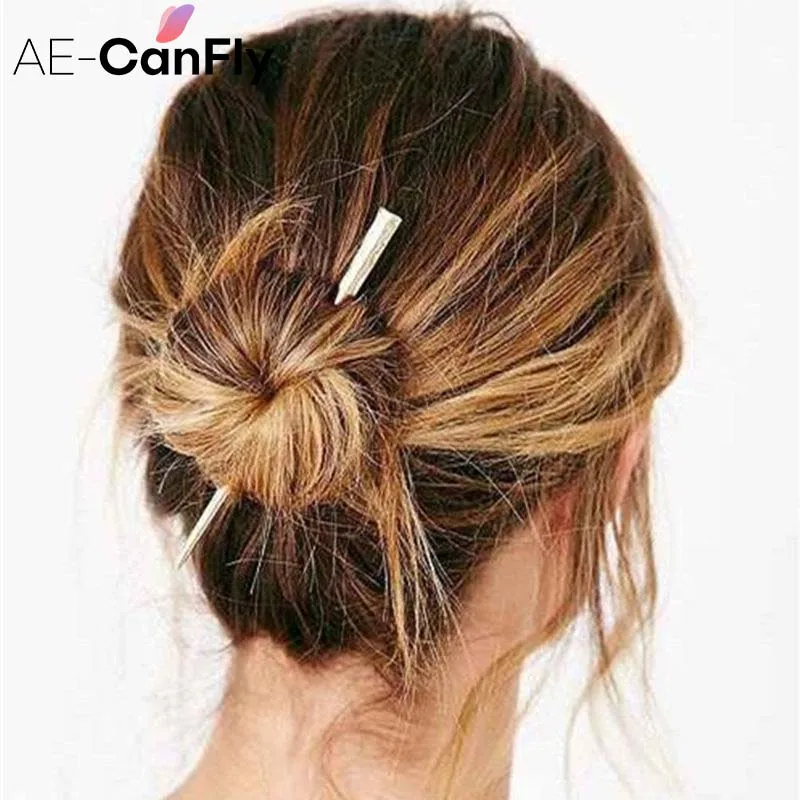 

AE-CANFLY Wholesale Fashion Simple Women Long Pin Hair Pin Stick Metal Gold Silver Hair Fork Accessories 2H2012