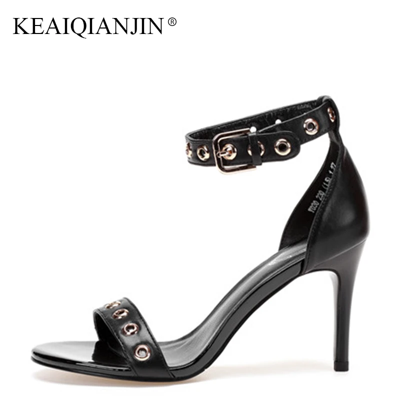 

KEAIQIANJIN Woman Peep Toe Rivet Beach Sandal Fashion White High Heels Shoes Sexy Summer Genuine Leather Open Toe Sandals 2018