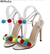 2 style pompom fuzzy ball Multi coloured sandals strappy ankle strap womens fashion wedding bridesmaid strappy pumps red white