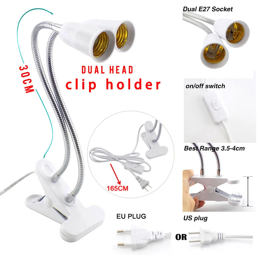 2 головки E27, гибкий держатель для лампы, ночник, переключатель, держатель, настольная клипса, штепсельная вилка, EU, US, UK, для книги, гостиной, лампа для выращивания