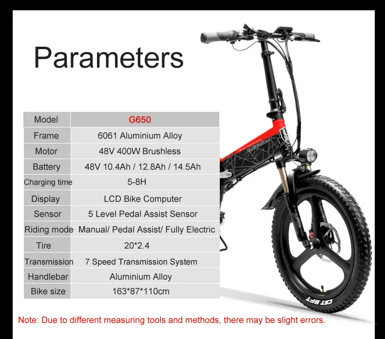 G650 20 ''горный велосипед 7 скоростей Электрический велосипед 400 Вт 10.4Ah/14.5Ah Скрытая литий-ионная батарея 5 PAS Передняя и задняя подвеска