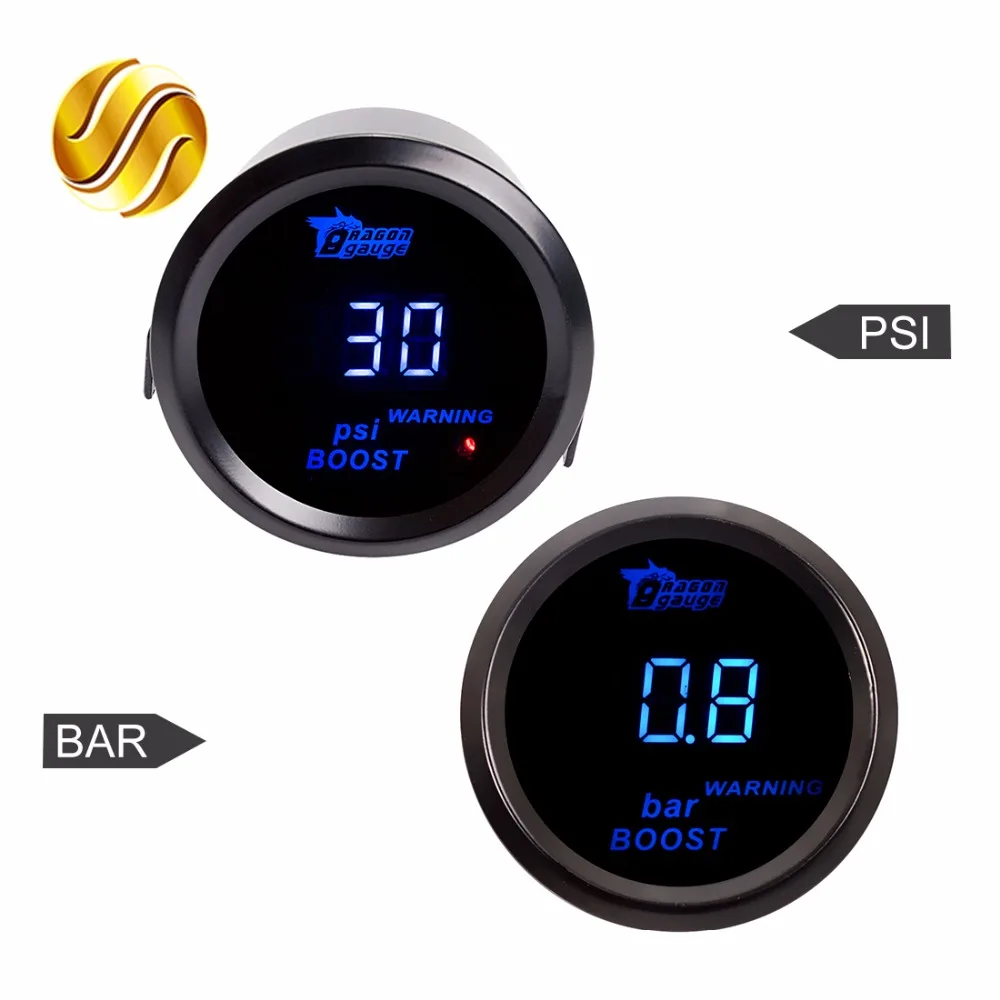 

Dragon Gauge Car Gauge 2" 52mm PSI / BAR Turbo Boost Gauge Car Meter Auto Blue LED Digital Display Black Rim Shell for 12V