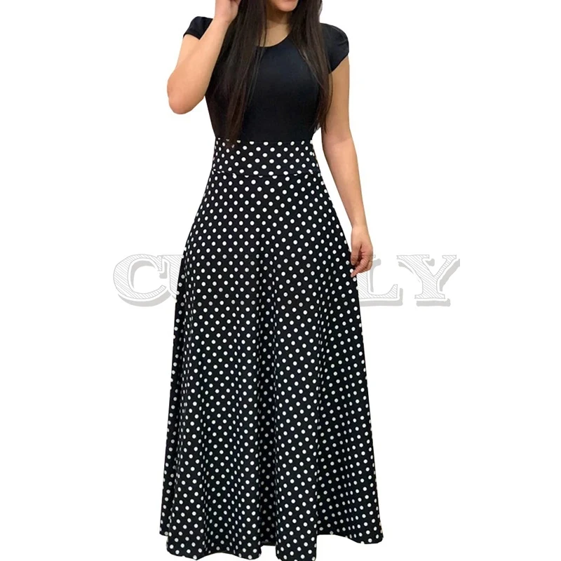 Image 2019 New Arrival Women Fashion Summer Black Elegant Casual Party Dress Short Sleeve Polka Dots Print Patchwork Maxi Dress