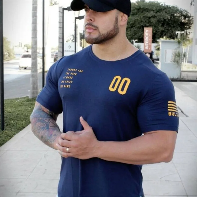 Новая простая одежда Фитнес Футболка мужская футболка с круглым вырезом хлопковые футболки для бодибилдинга футболки топы Спортивная футболка Homme - Цвет: navy blue