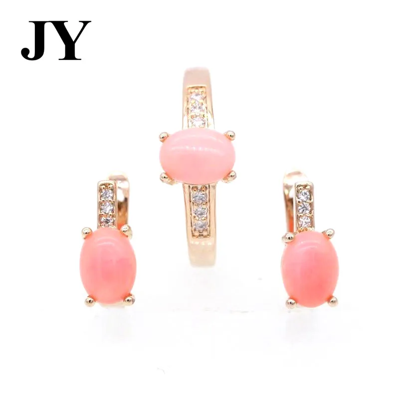 

JY Gold Color Zircon Pink Coral Jewelry Sets For Women Eleganr Charm Ring Party Earring Woman Best Love Gift 2017New Arrival