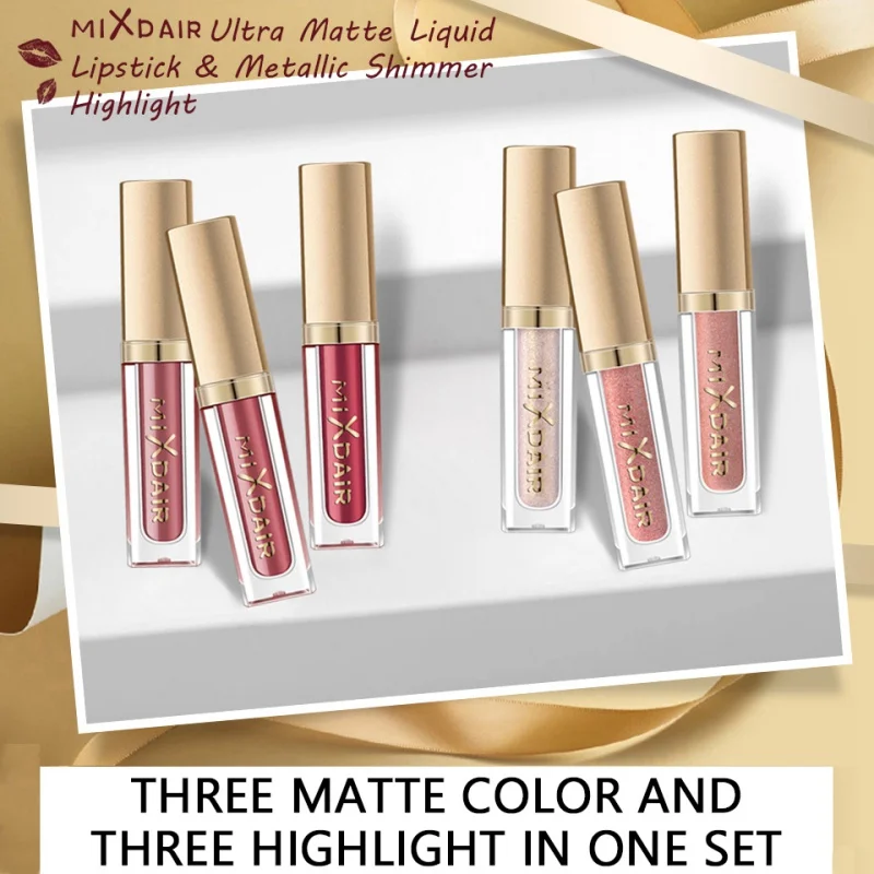 6pcs Lip Gloss Set Liquid Lip Gloss Kit 3 Matte + 3 Highlight Long
