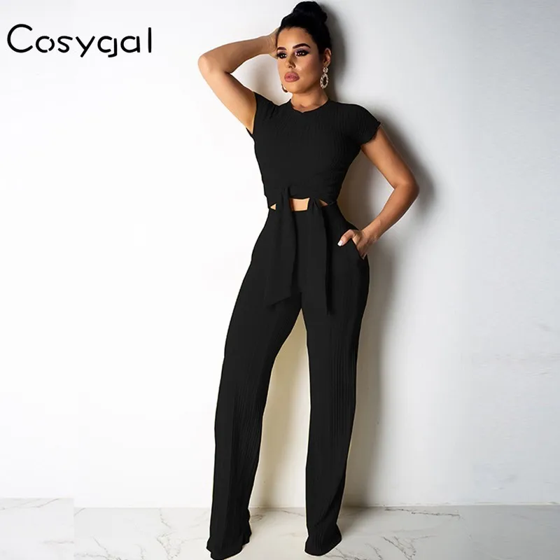 

COSYGAL Casual Solid Knitted Set Summer Crop Tops+pants Two Piece Outfits Bow Tieing Lace Up 2 Piece Set Women Clothes 2019 New