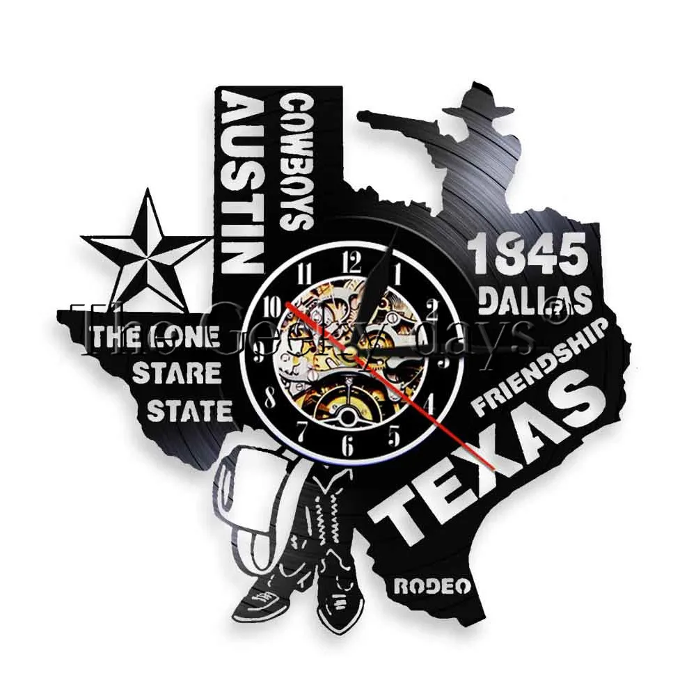 

1Piece Rodeo Texas State Wall Clock The Lone Stare State Dallas Led Night Light Vinyl Record Clock Austin Cowboys Modern Decor