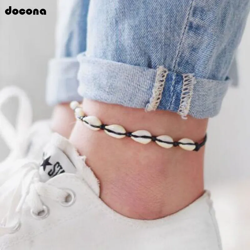 

docona Boho Beach Seashell Black Rope Adjustable Anklets for Women Girl Shell Beaded Anklet Bracelet Pulseras Foot Jewelry 4143