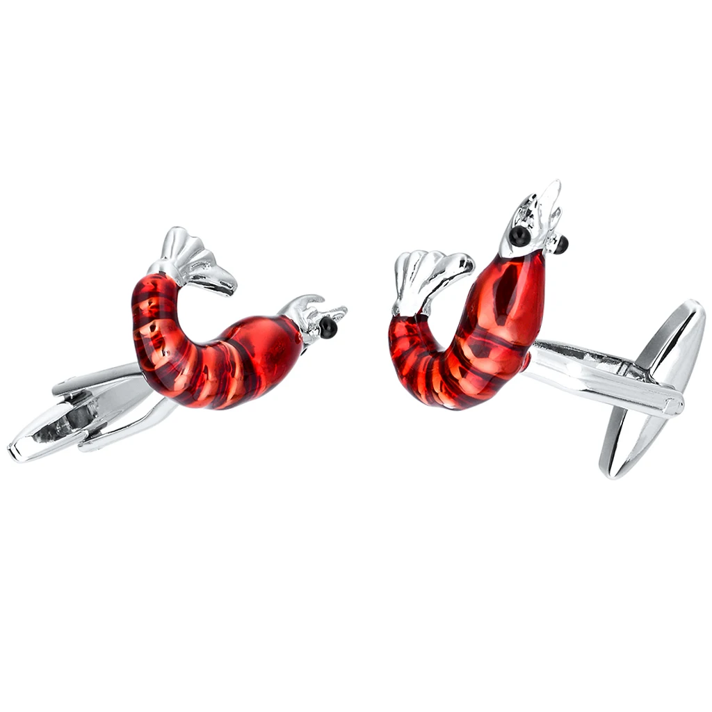 Phenovo 3D Red Shrimp Lobster Animal Brass Cufflinks Funny Mens Cuff Links Jewelry cube design cufflinks for mens Tie Clips 