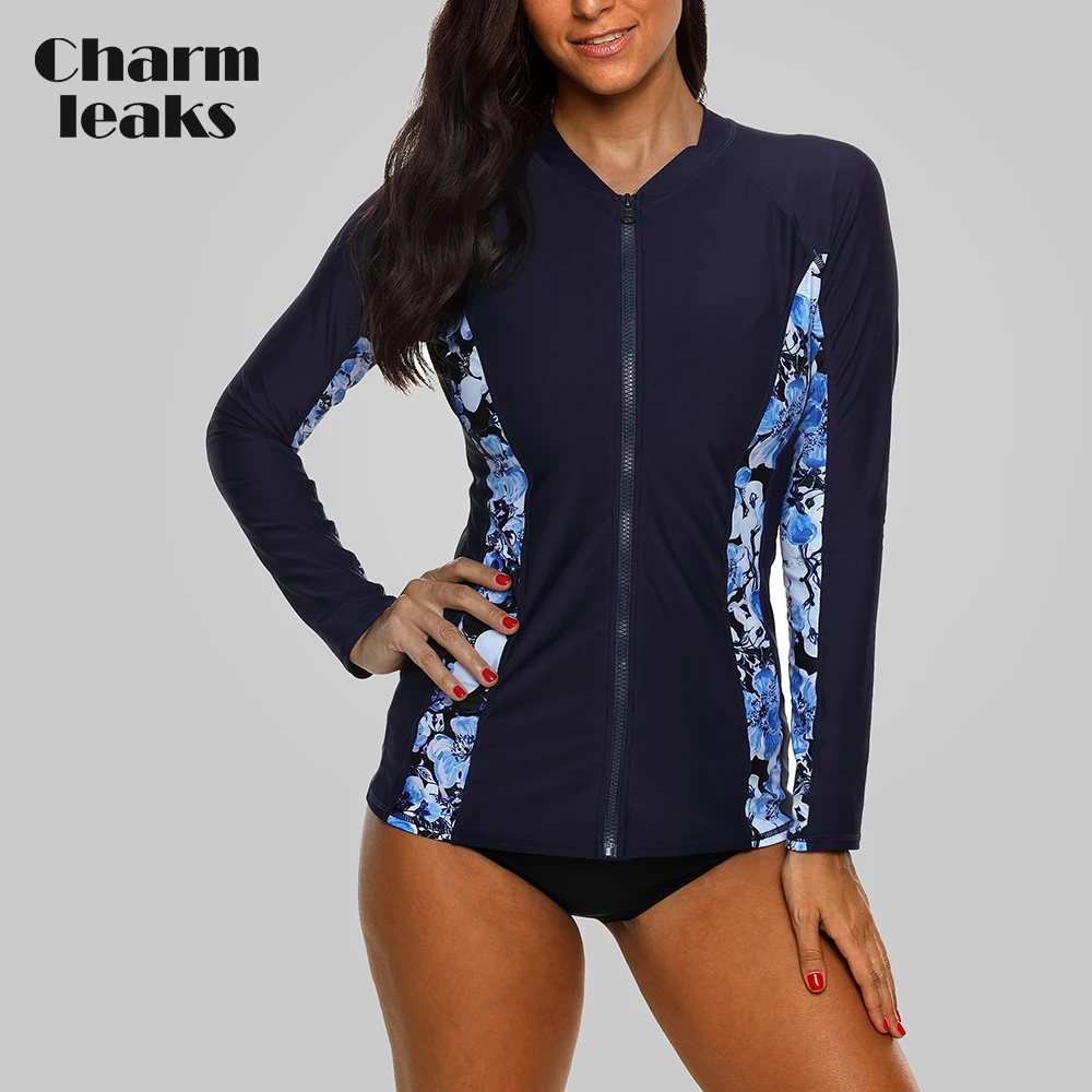 Charmleaks النساء سحاب أكمام طويلة Rashguard الأزهار طباعة ملابس السباحة تصفح أعلى طفح الحرس قمصان للجري UPF50 + Charmleaks النساء سحاب أكمام طويلة Rashguard الأزهار طباعة ملابس السباحة تصفح أعلى طفح الحرس قمصان للجري UPF50 +