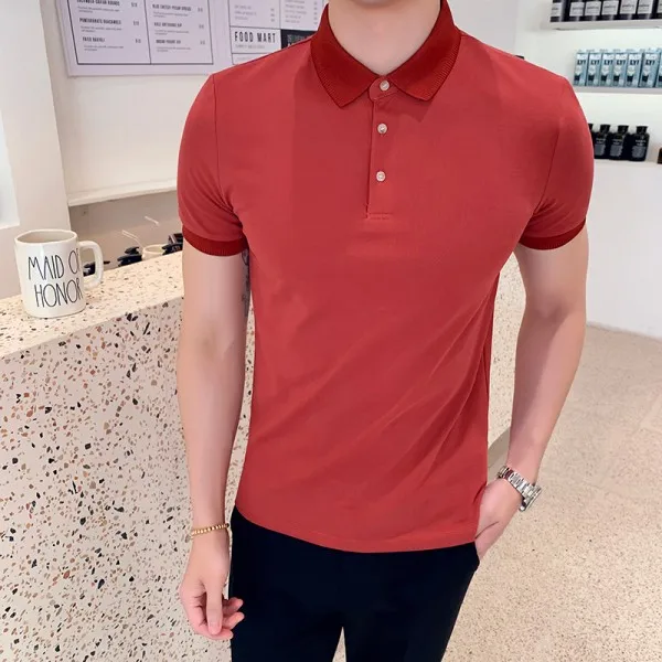 8 Цветов Летняя мужская рубашка поло с коротким рукавом простые мужские рубашки поло уличная тонкая посадка дышащие повседневные поло для мужчины высокого качества - Цвет: Красный