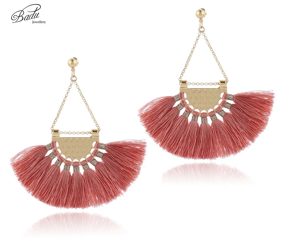 Badu Retro Vintage Earring Women Silk Tassel Dangle Drop Earrings Gold Color Triangle Chandelier