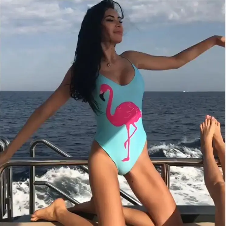 

2019 Thong One Piece Swimsuit Sexy Bathing Suit Flamingo Print Swimwear Women Bodysuit maio feminino praia Blue Beachwear badpak