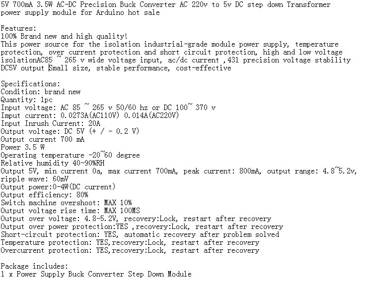 5 шт. AC-DC 5 В 700mA 3,5 Вт точность понижающий преобразователь переменного тока 220 В до 5 В DC step down трансформатор питания для модуля arduino