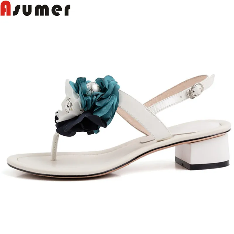 

ASUMER fashion summer sandals for women buckle genuine leather shoes women med heels shoes female flowers women sandals 2019