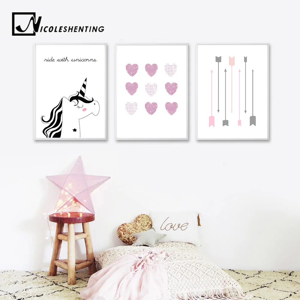 

NICOLESHENTING Unicorn Heart Art Canvas Prints Personalized Name Custom Poster Nursery Painting Picture Kids Bedroom Decoration