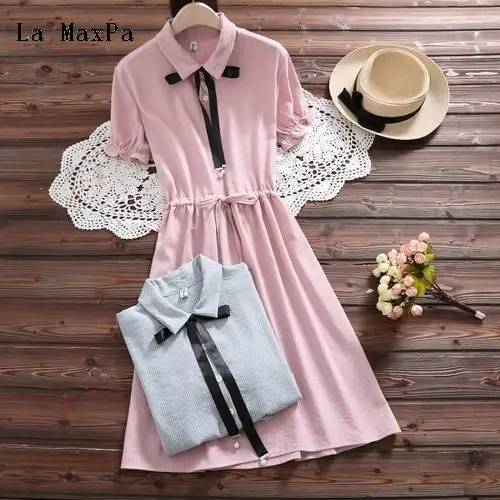

Summer Dress 2018 New Women Slim Waist Striped Cotton Dresses Female Short-Sleeved Bowknot Vestidos Mori Girl Clothing