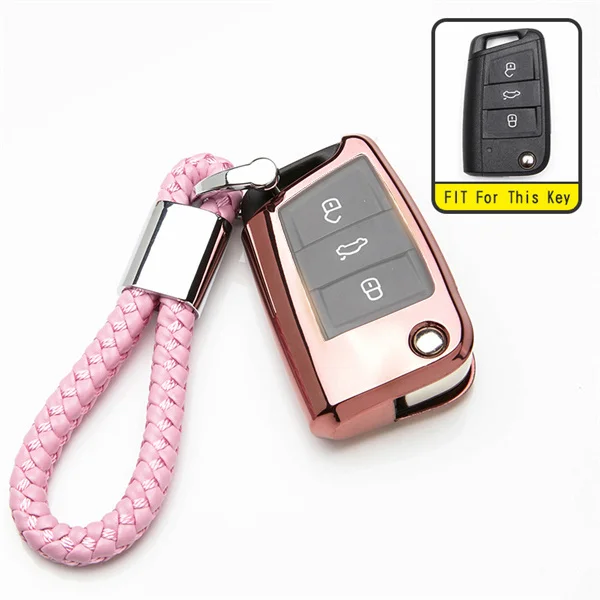 Новинка, чехол для автомобильного ключа из ТПУ для Skoda Karoq Octavia A5 A4 3 2 Superb Fabia Rapid Kodiaq, брелок для ключей, аксессуары для девочек - Название цвета: Pink With Keyring