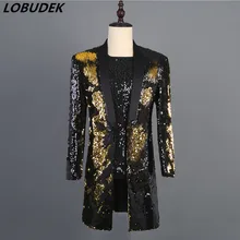 Мужские двухцветные куртки с блестками, сценический костюм, золотое, черное, зеленое длинное пальто, для ночного клуба, бара, диджея, певца, ведущего фрака