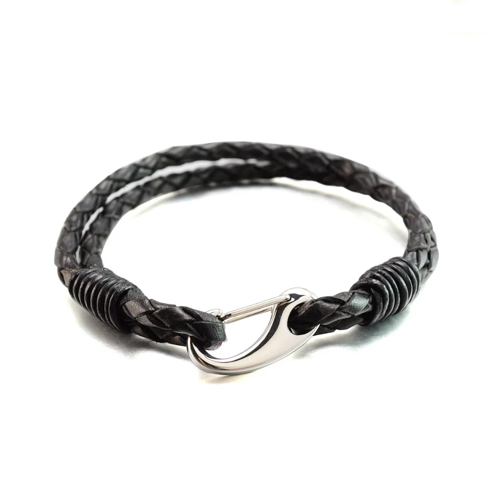 

Men's Black Genuine Leather Braided Bracelet With High Polished Stainless Steel Clasp