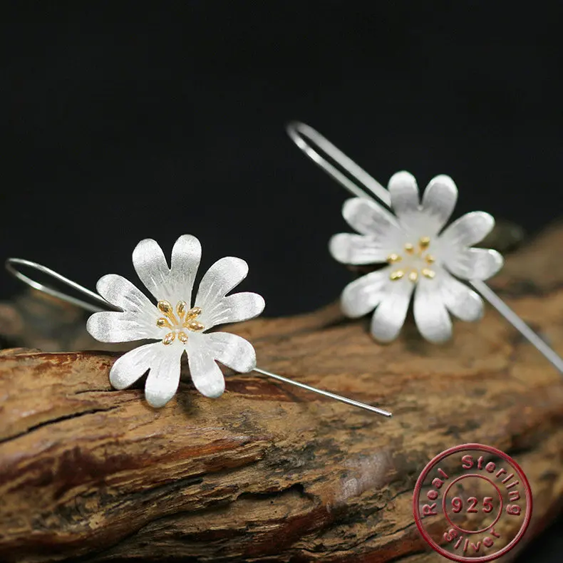 

Amxiu Handmade Jewelry 100% 925 Silver Two Tones Color Flower Drop Earrings For Girls Sisters Friends Graduation Birthday Gifts