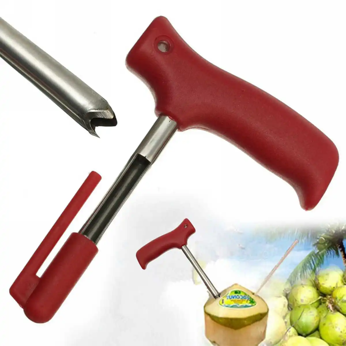 1PC Stainless Steel Red Handle Coconut Opener Tool Coco Water Punch Tap Drill Straw Open Hole Cut Gift Fruit Openers Tools