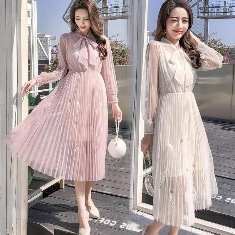 Young Gee Spring Princess Sweet Dress Lace Bow Collar Lantern Pearls Beading Sleeve Women Floral Pleated Party Dresses vestidos