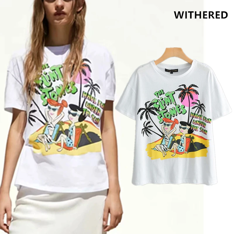 

Withered harajuku t shirt women high street cartoon Tropical rain forest primitive man printing o-neck cotton tshirt women