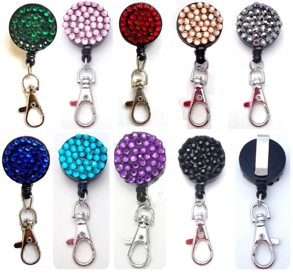 

Free Shipping! High Quality Bling Rhinestone Retractable Crystal ID Card Badge Holder Reels With Clip 10pcs/lot