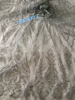 

high Quality silver French embroidered lace CiCi-71305 with glued glitter Nigerian Lace Fabric for shinning dress