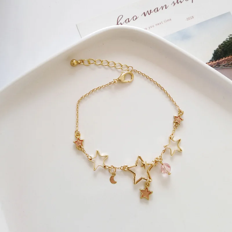 

Fashion Simple Sweety Blue Pink Crystal Hollow Out Star Moon Charms Adjustable Bracelets for Women Lady Girls Gfits
