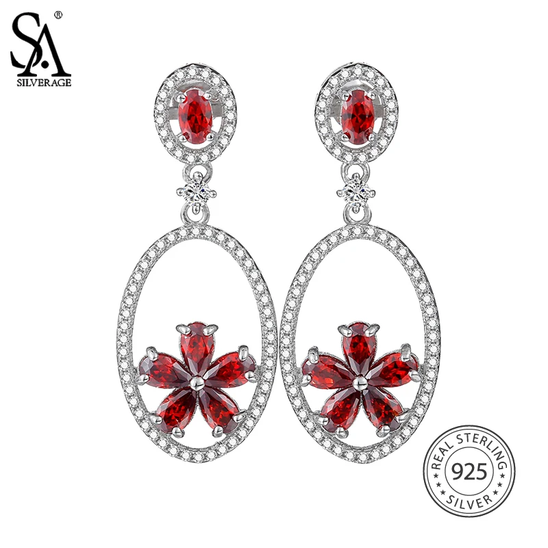 

SA SILVERAGE Real 925 Sterling Silver Round Drop Earrings for Women Fine Jewelry Red Flower 2018 New Arrival