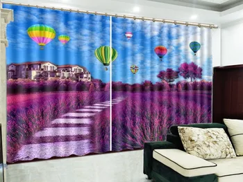 

Romantic Lavender Beautiful Village Hot Air Balloon 3D Landscape Curtain Interior Decoration High-grade Fine Curtains