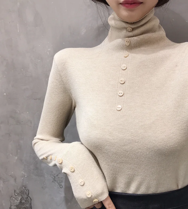 High Neck Turtleneck Women Button Sweater Pullovers Cotton Knitted Top