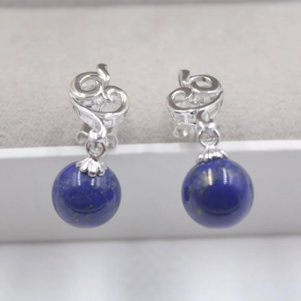 

New Arrival Pure S925 Sterling Silver Women Lapis Ball Stud Earrings 27x15mm